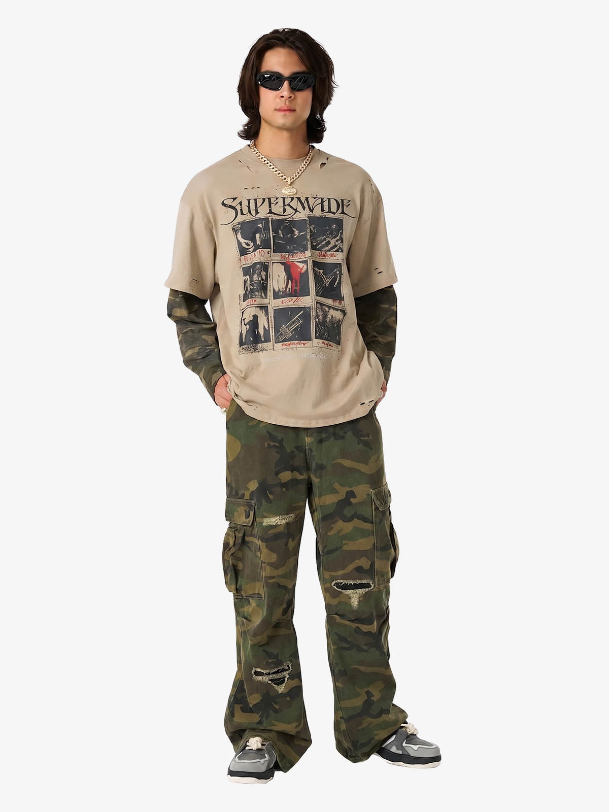 Jersey Distressed Camouflage Double Layered Graphic T-Shirt - 2420