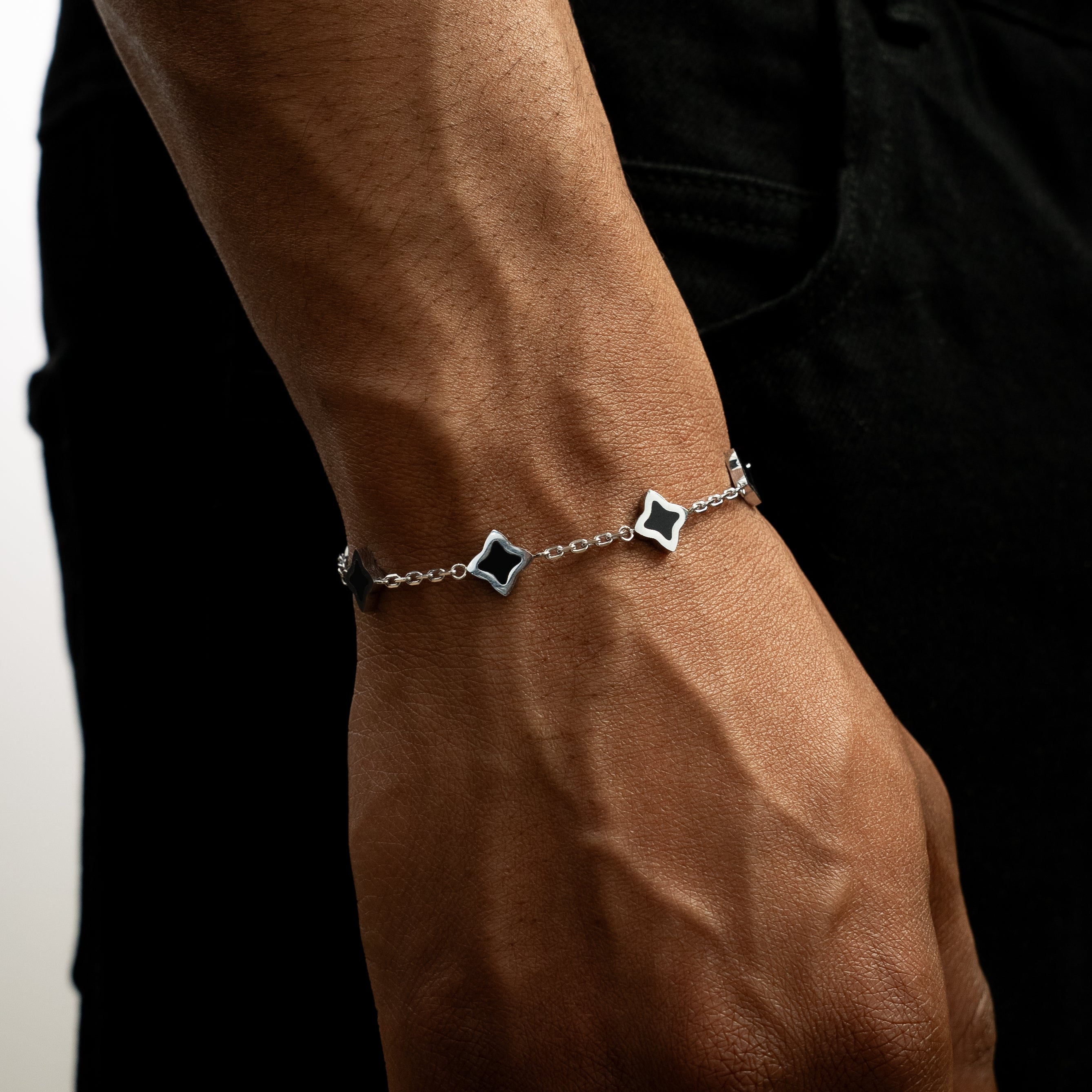 Bracelet Flower câble Argenté - Motif Noir