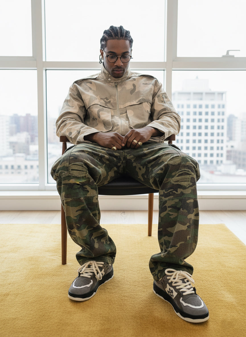 Woven Ripped Camouflage Cargo Baggy Pants - 2410