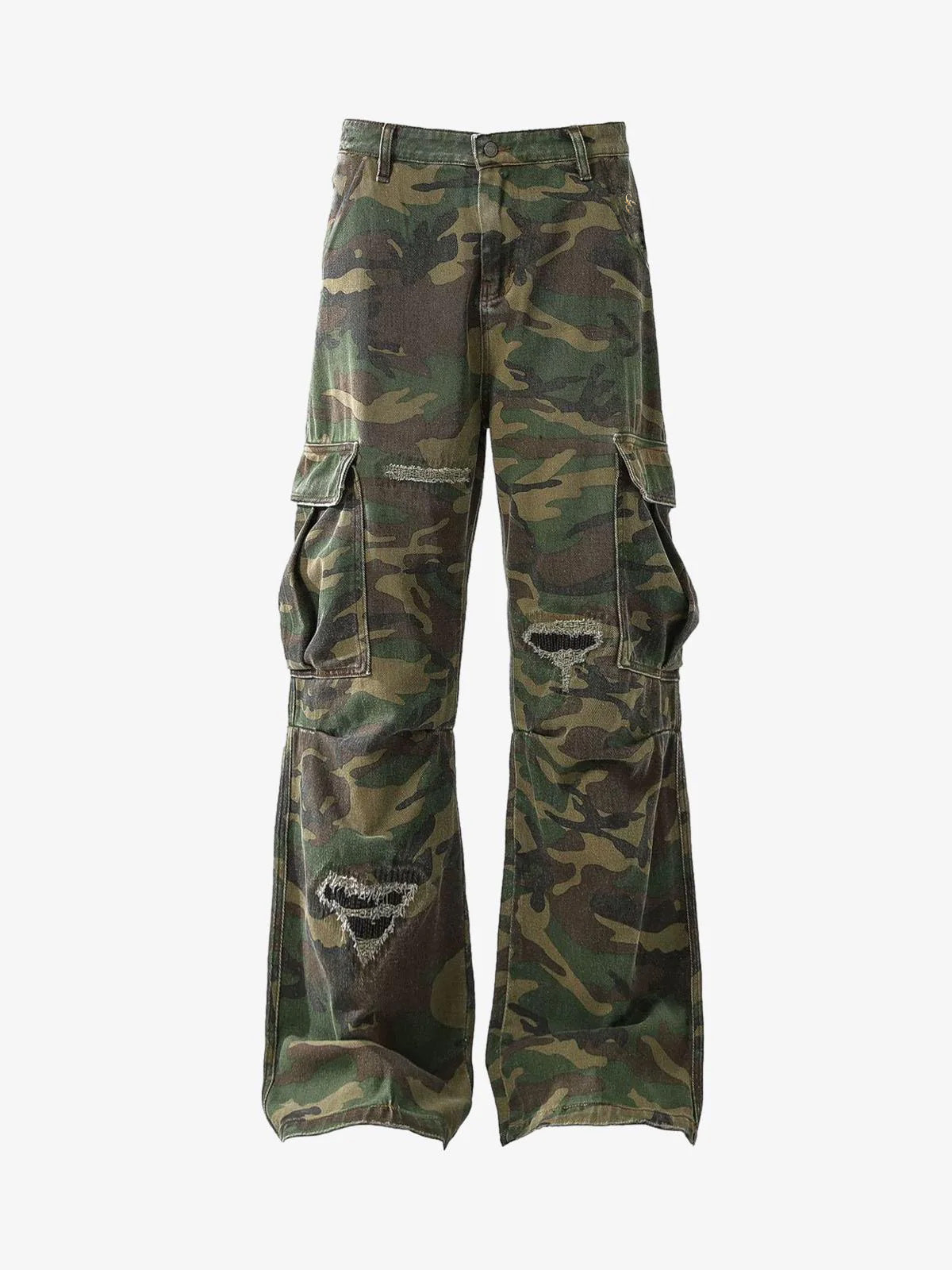 Woven Ripped Camouflage Cargo Baggy Pants - 2410